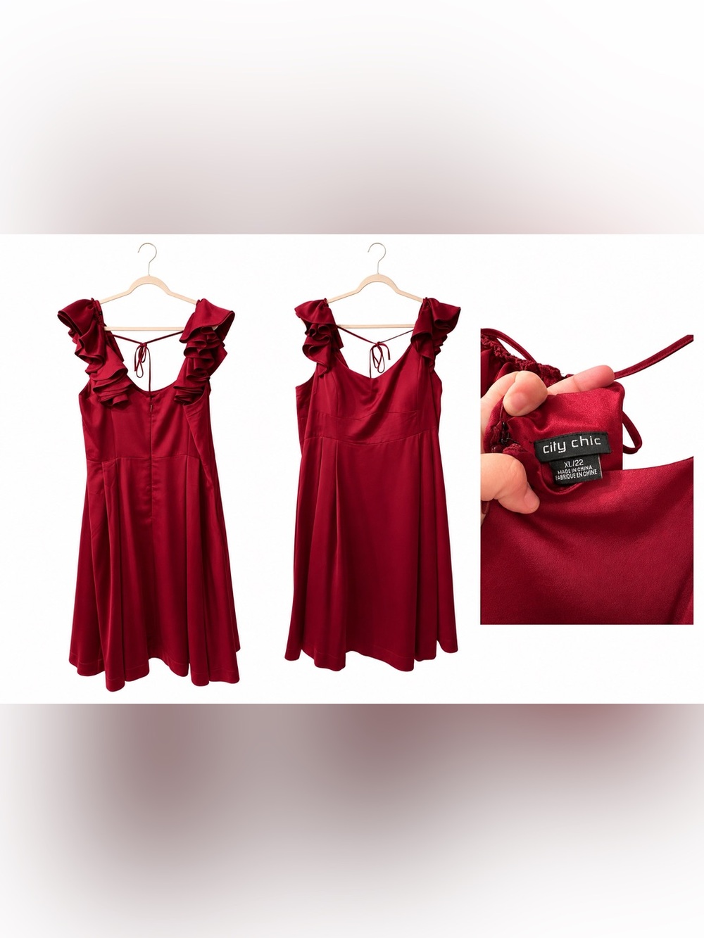 City Chic Plus Size XL/22 Burgundy Ruffle Sleeve Midi Dress Wedding Guest